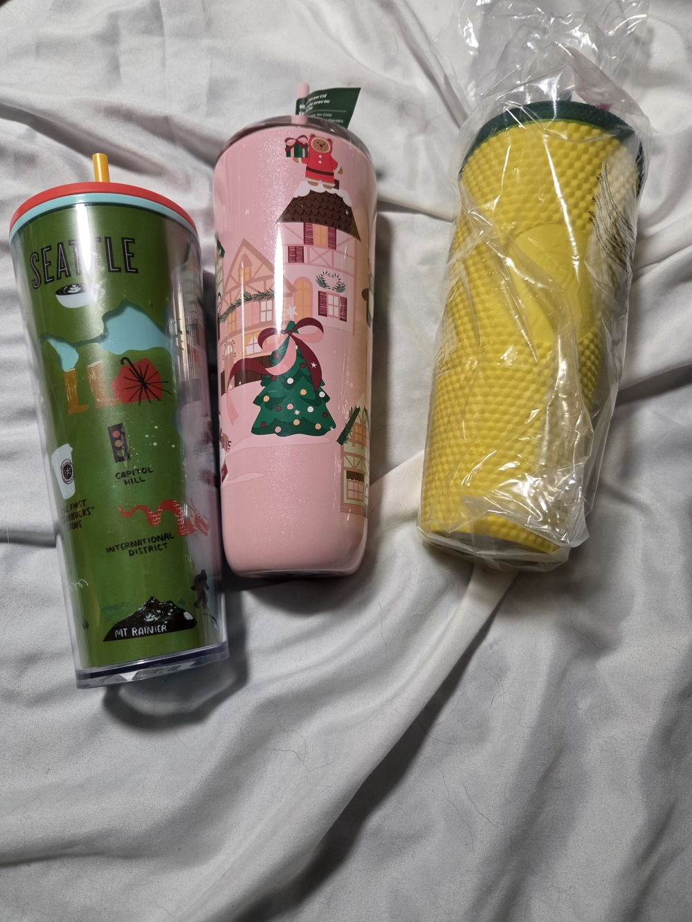 Starbucks Pink Holiday Tumbler with Festive Tree and Lid Green One Gently Used